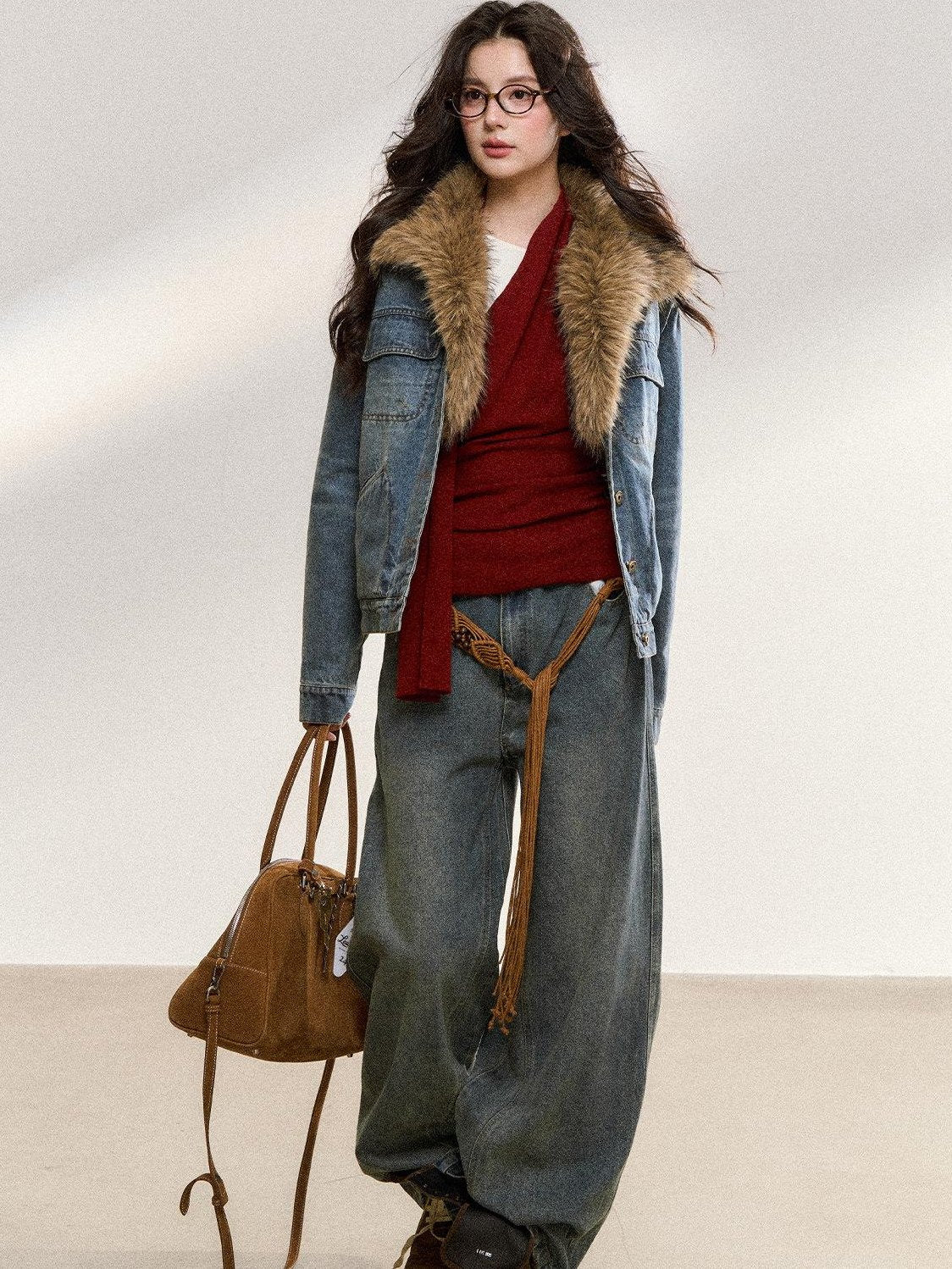 7Shiftin Warm Detachable Fur Collar Casual Cropped Women Long Sleeve Denim Jackets