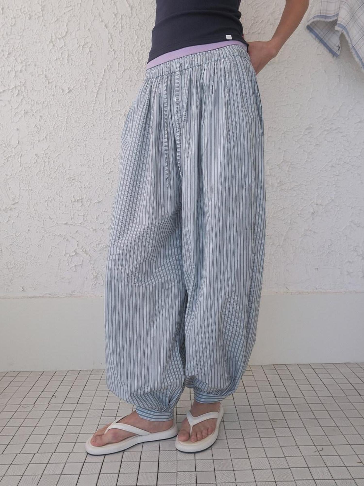 DKZ OFFICIAL Blue White Striped Relaxed Tapered Women&