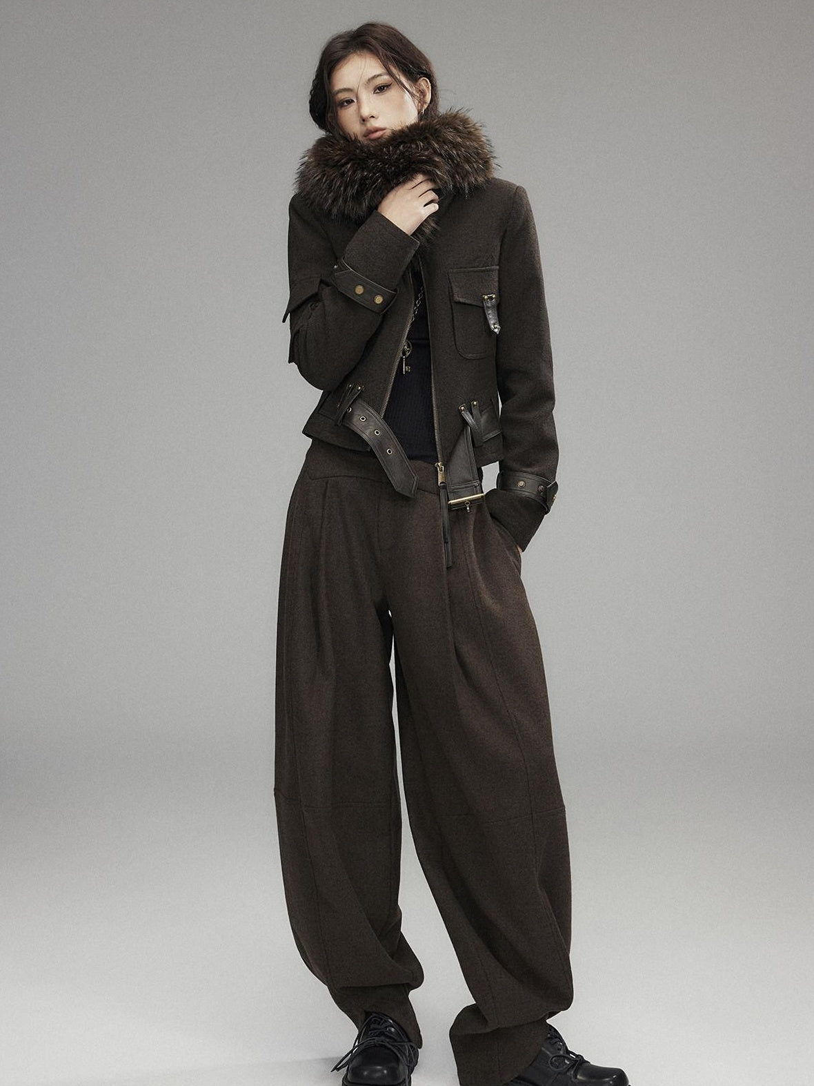 Low pixel Thick Wool Blend Slim Fit Sexy Lapel Zipper Brown Everyday Women Cropped Jackets