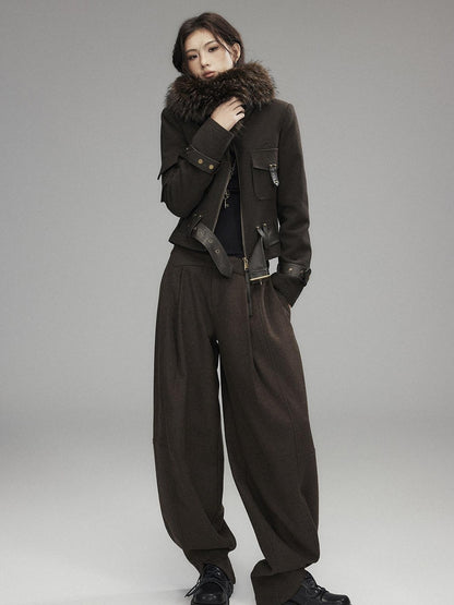 Low pixel Thick Wool Blend Slim Fit Sexy Lapel Zipper Brown Everyday Women Cropped Jackets
