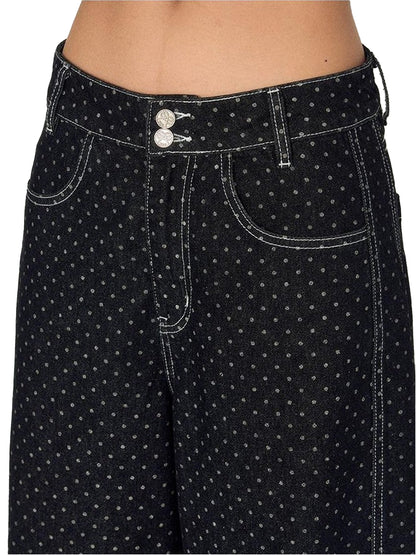 NAPSNAPS Dark Washed Polka Dot Cuffed Low Rise Zipper Women&