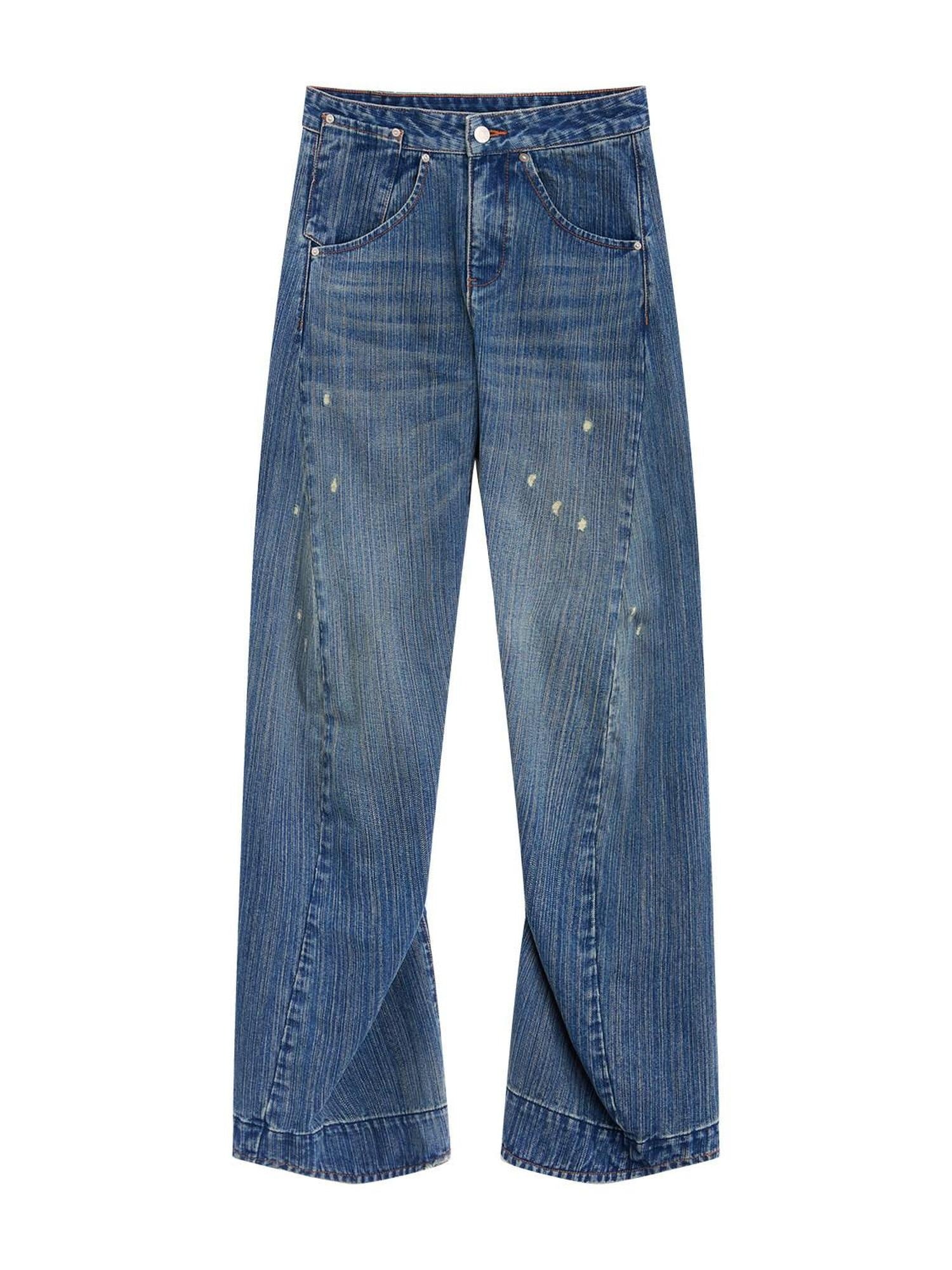 RUN TO THE FUTURE Ripped Washed Durable Low Rise Relaxed Fit Vintage Blue Wide-Leg Jeans