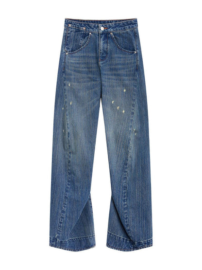 RUN TO THE FUTURE Ripped Washed Durable Low Rise Relaxed Fit Vintage Blue Wide-Leg Jeans