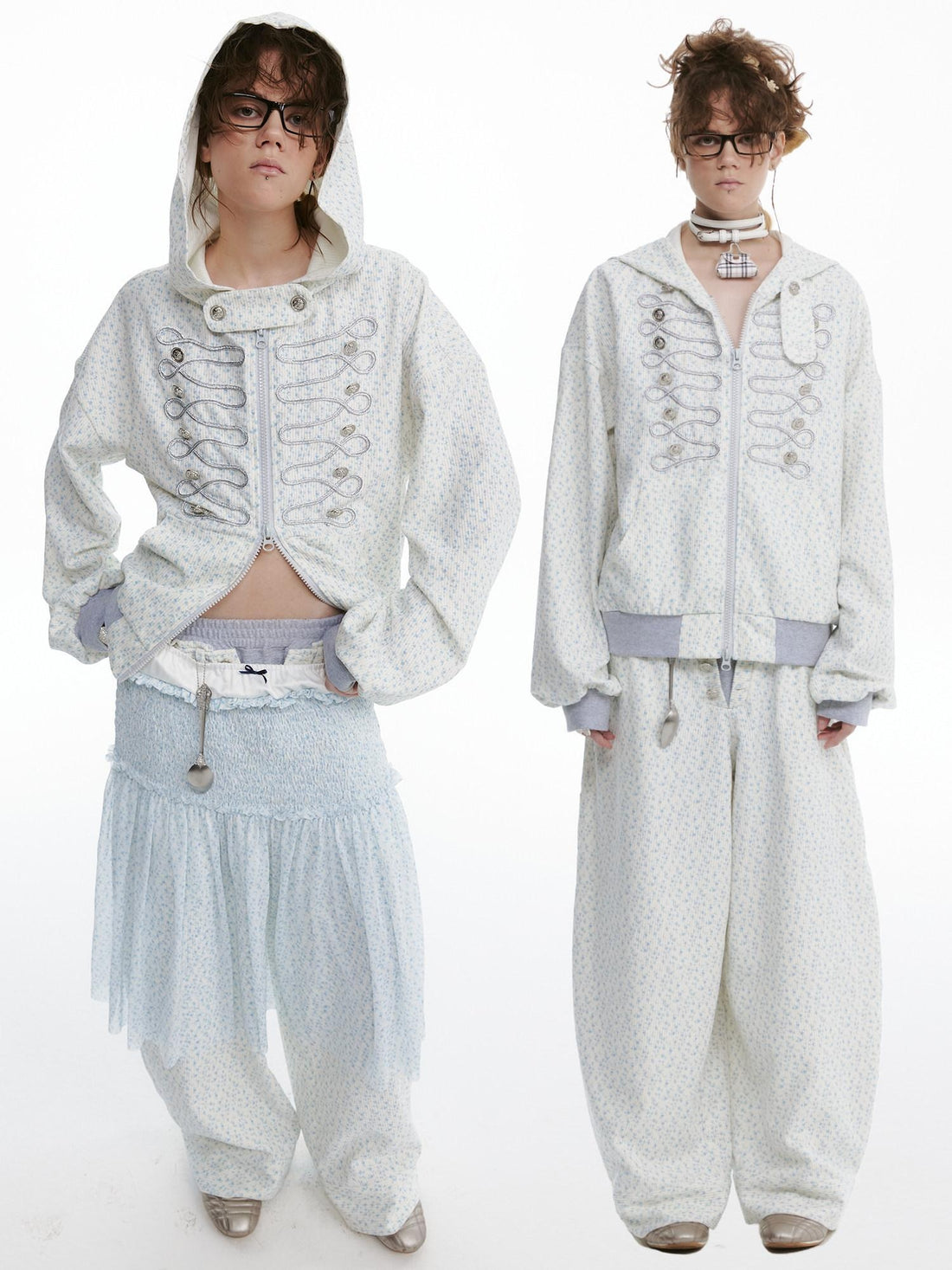 nit alcove Floral Zip Hoodie Loose Fit Long Sleeve Unisex Long Pants Top &amp; Pants Sets