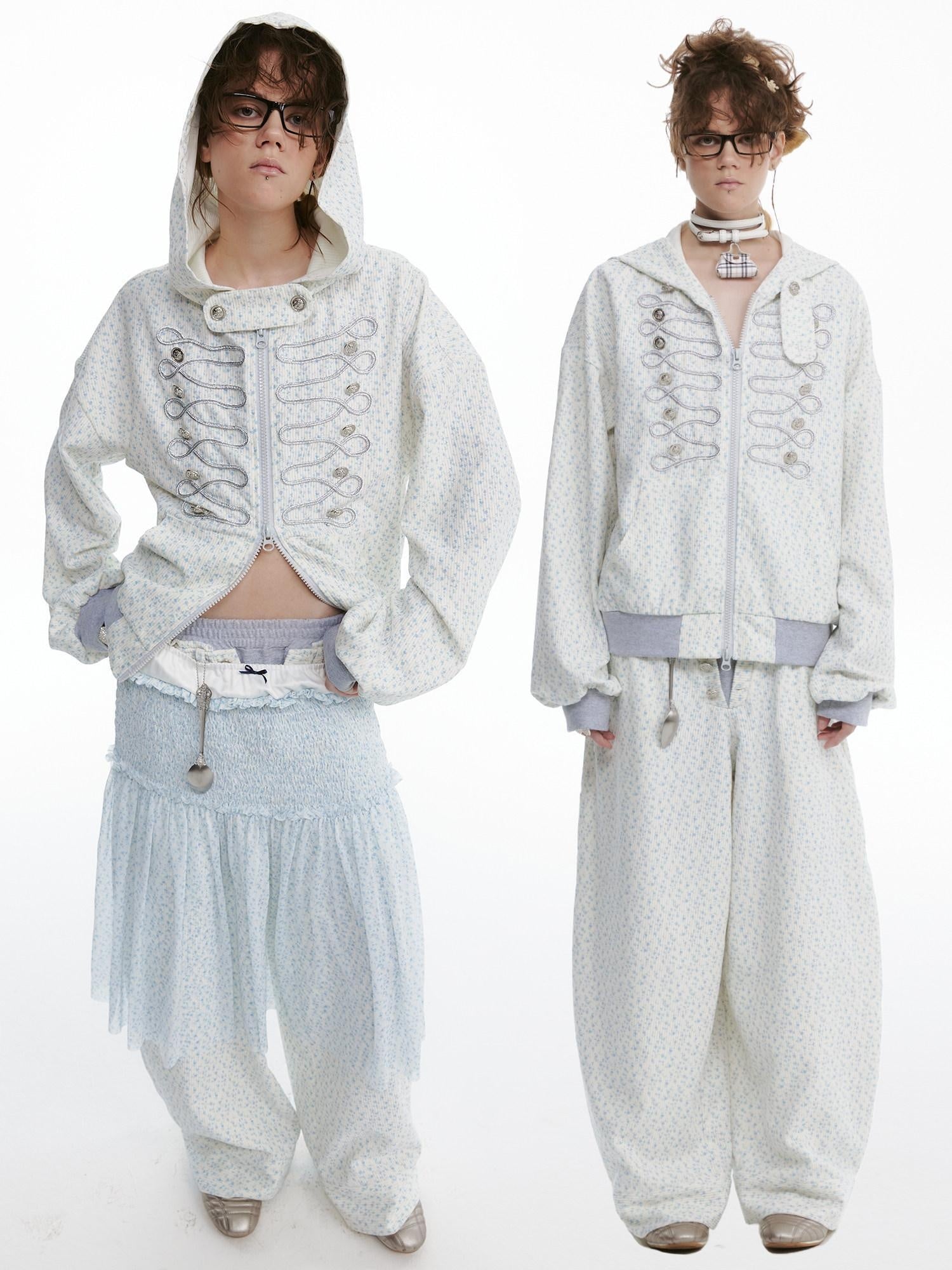 nit alcove Floral Zip Hoodie Loose Fit Long Sleeve Unisex Long Pants Top &amp; Pants Sets