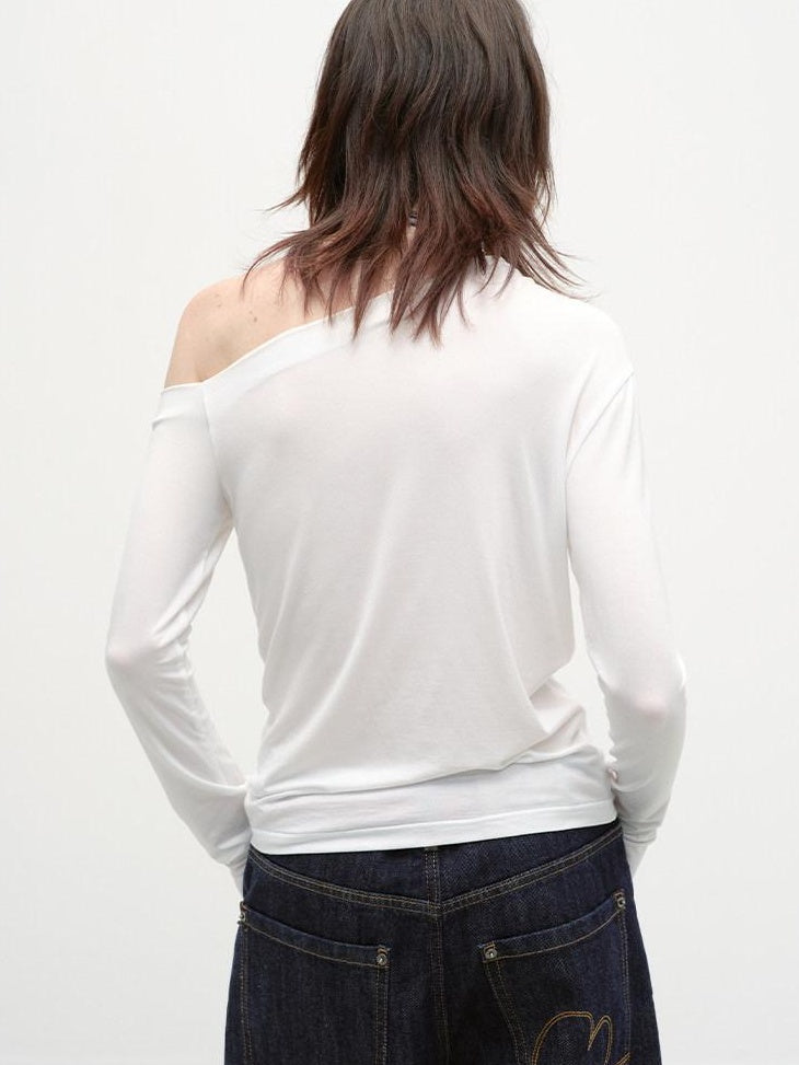 RUN TO THE FUTURE Moisture Wicking Lyocell Slim Asymmetric Neck Ruched Long Sleeve T-Shirts