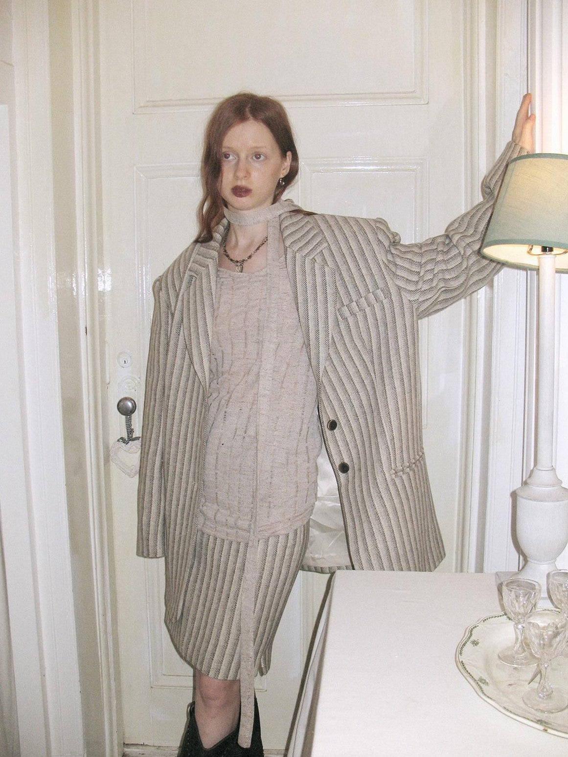 Dorydory Gray White Striped Double Breasted Structured Women&