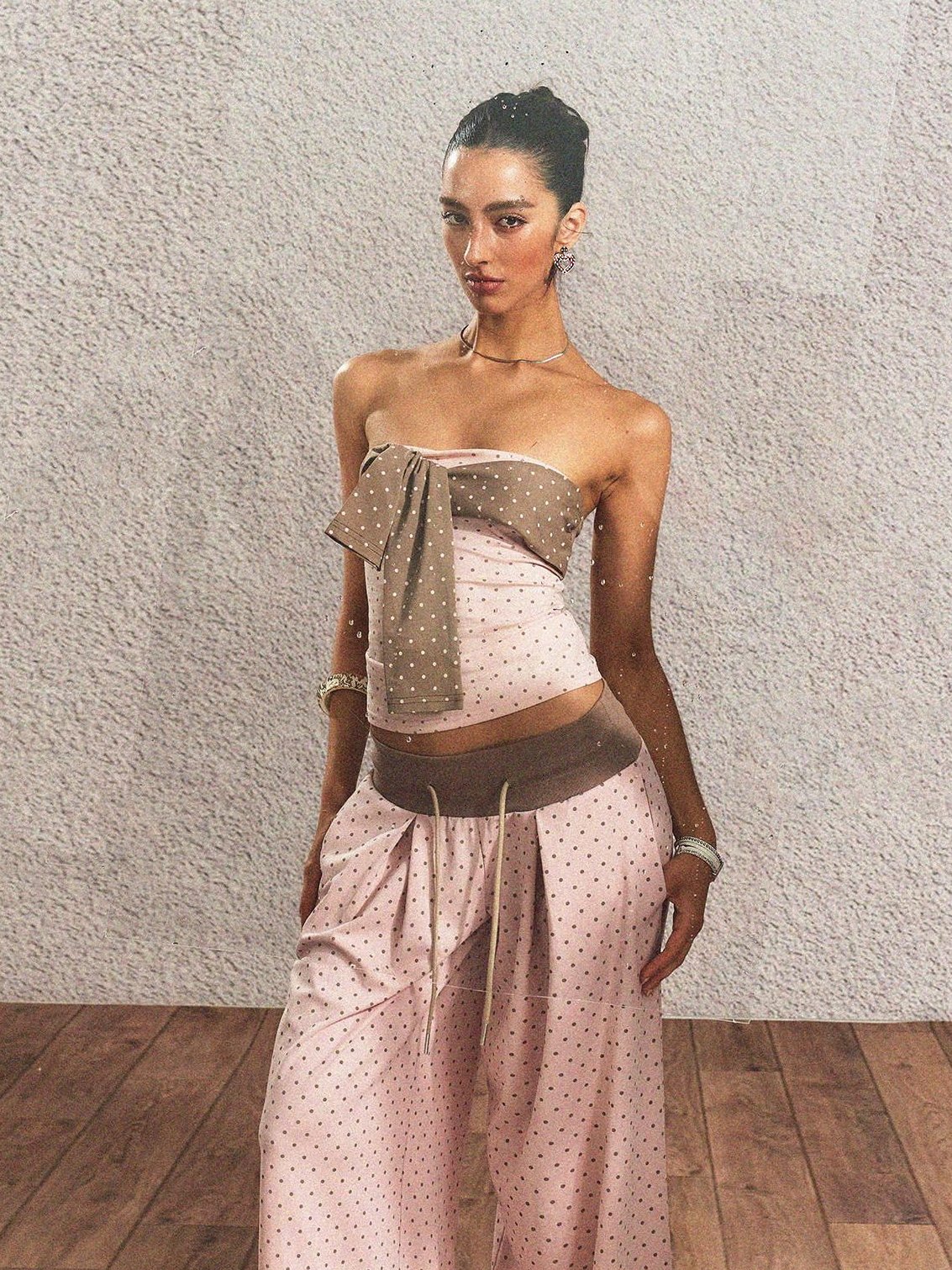 The NeverMore Polka Dot Cotton Two Piece Colorblock Sexy High Waist Pants Tube Tops