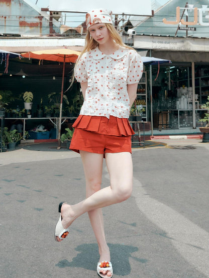 OuttheBlue Waist Cinch Ruffle Casual Puff Sleeve Doll Collar Polka Dot Women Shirts