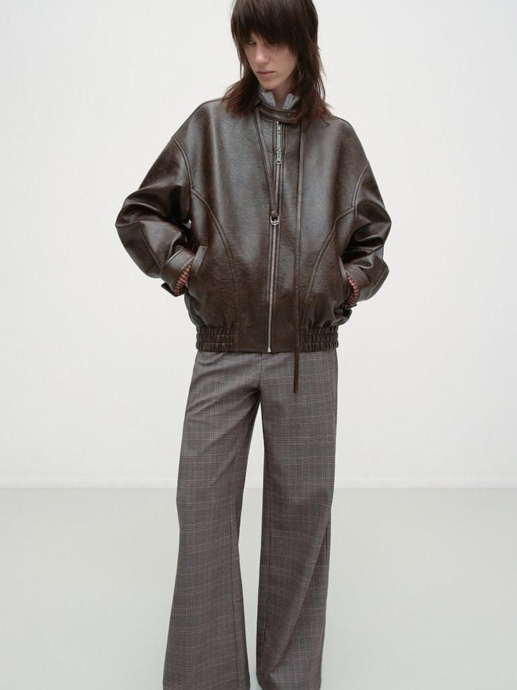 RUN TO THE FUTURE Vintage Brown Zipper Loose Fit Stand Collar Commuter Washed Leather Jackets