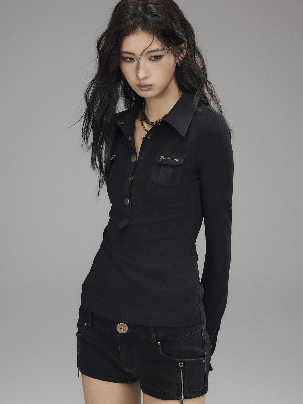 Low pixel Slim Fit Utility Knit Pullover Women Black Turndown Collar Long Sleeve T-Shirts