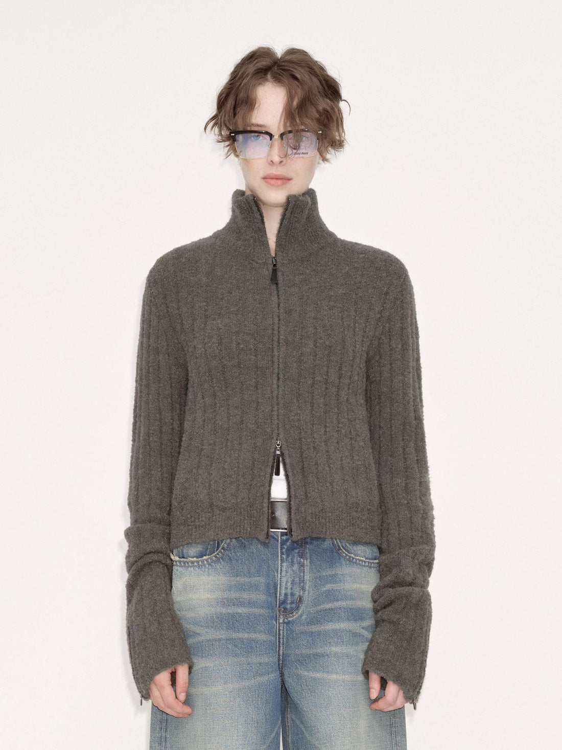 RUN TO THE FUTURE Acrylic Wool Blend Slim Zip High Neck Office Cropped Olive Cardigans