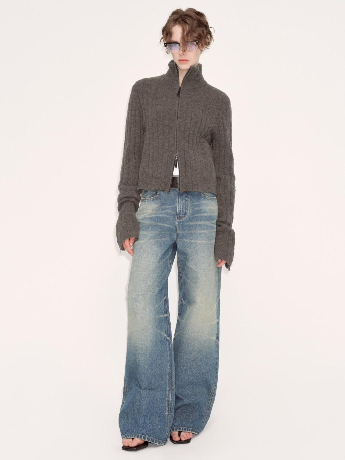 RUN TO THE FUTURE Acrylic Wool Blend Slim Zip High Neck Office Cropped Olive Cardigans