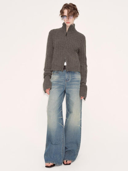 RUN TO THE FUTURE Acrylic Wool Blend Slim Zip High Neck Office Cropped Olive Cardigans