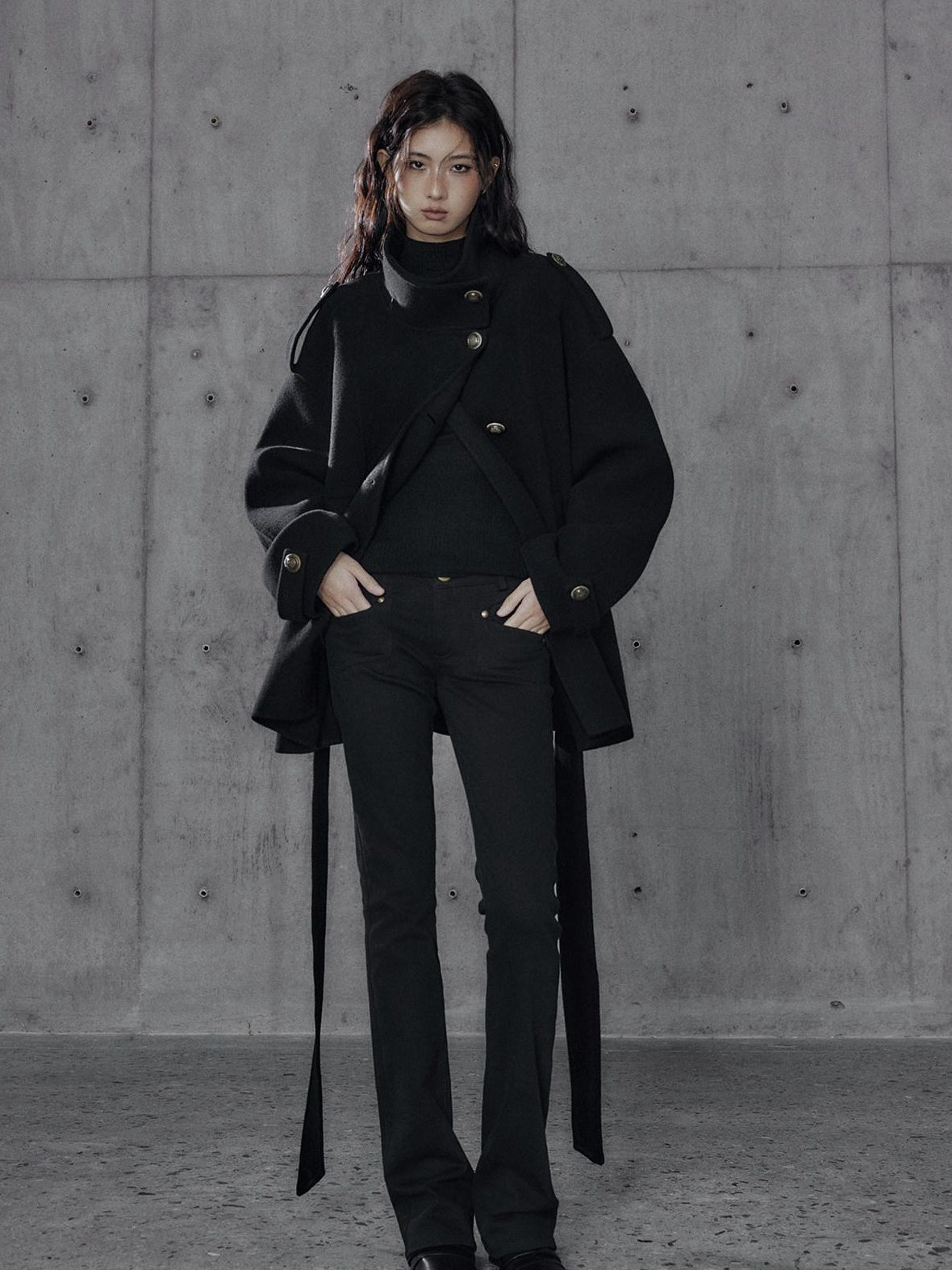 Low pixel Warm Oversized Street Midlength Notch Lapel Wool Cashmere Black Wool Coats