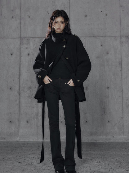 Low pixel Warm Oversized Street Midlength Notch Lapel Wool Cashmere Black Wool Coats