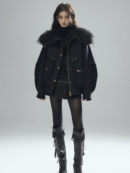 Low pixel Thick Wool Blend Multi Pocket Loose Fit Sexy Girl Black Zipper Cropped Jackets