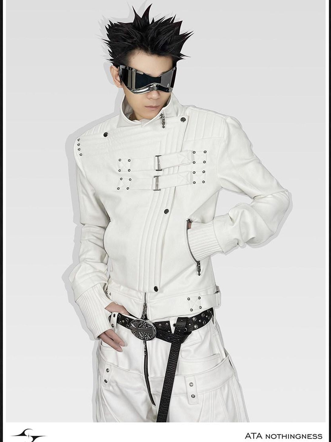 ATAnothingness Windproof Pu Cropped Zip Long Sleeve Silver Moon White Leather Jackets