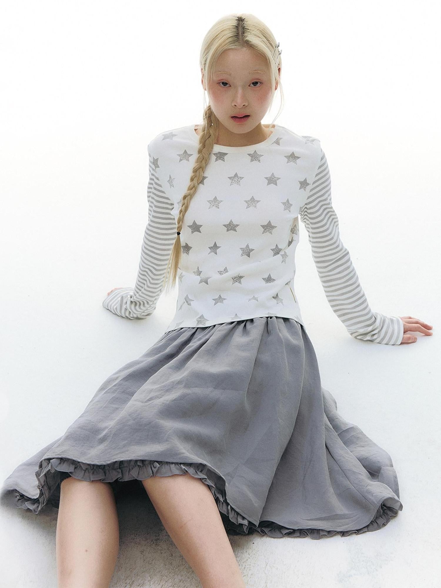 NAPSNAPS Gray Blue Lace Puff Sleeves Cardigan Women&