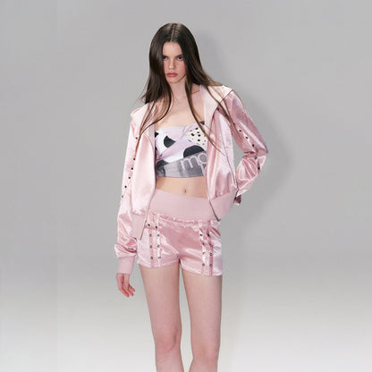 The NeverMore Cozy Cropped Two Piece Set Long Sleeve High Waist Shorts Women Solid Hoodie