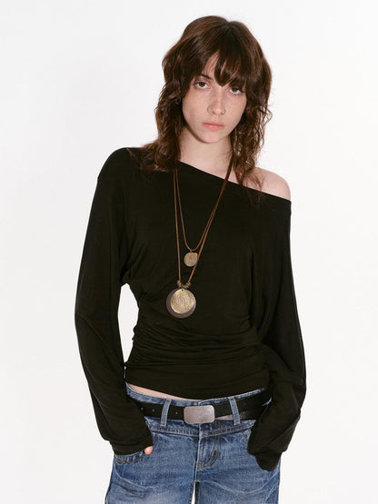 RUN TO THE FUTURE Moisture Wicking Lyocell Slim Asymmetric Neck Women Solid Long Sleeve T-Shirts