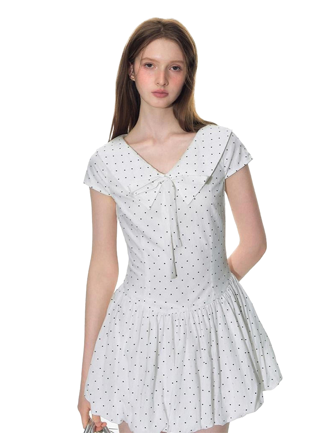 NAPSNAPS Polka Dot Sailor Collar Tie V-neck High Waist Tencel Women&