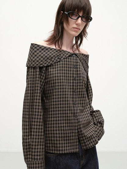 RUN TO THE FUTURE Original Design Breathable Cotton Loose Fit Plaid Bardot Womens Blouses
