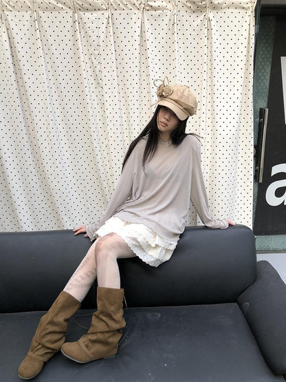 ang project Mocha Sheer Mesh Layered Ruffle Round Neck Women&