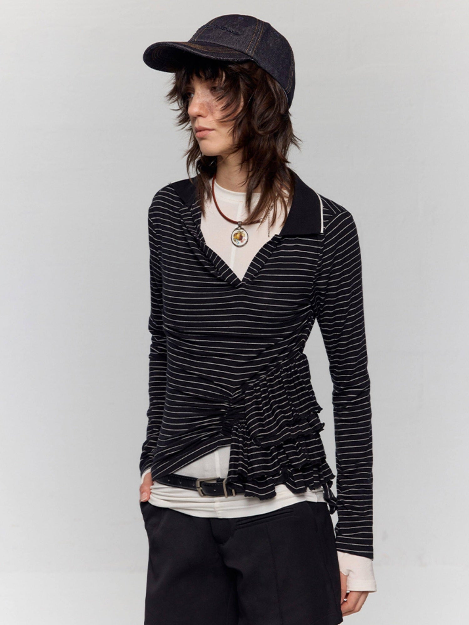 RUN TO THE FUTURE Slim Fit Ruffle Henley Black White Stripe Womens Wool Blend Long Sleeve T-Shirts