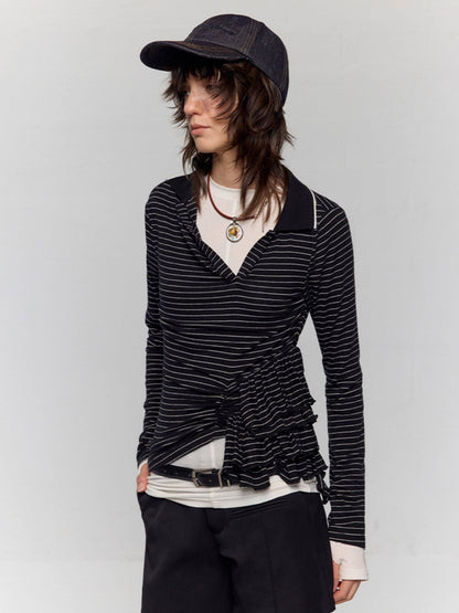 RUN TO THE FUTURE Slim Fit Ruffle Henley Black White Stripe Womens Wool Blend Long Sleeve T-Shirts