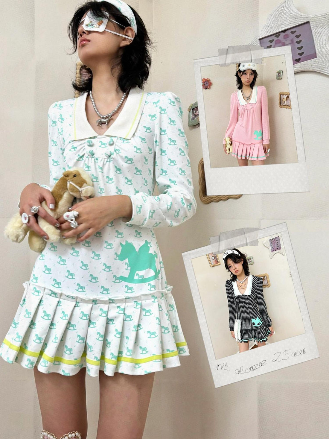 nit alcove Cute Bubble Sleeve Doll Collar Pleated Casual Striped Mint Pink Mini Dresses