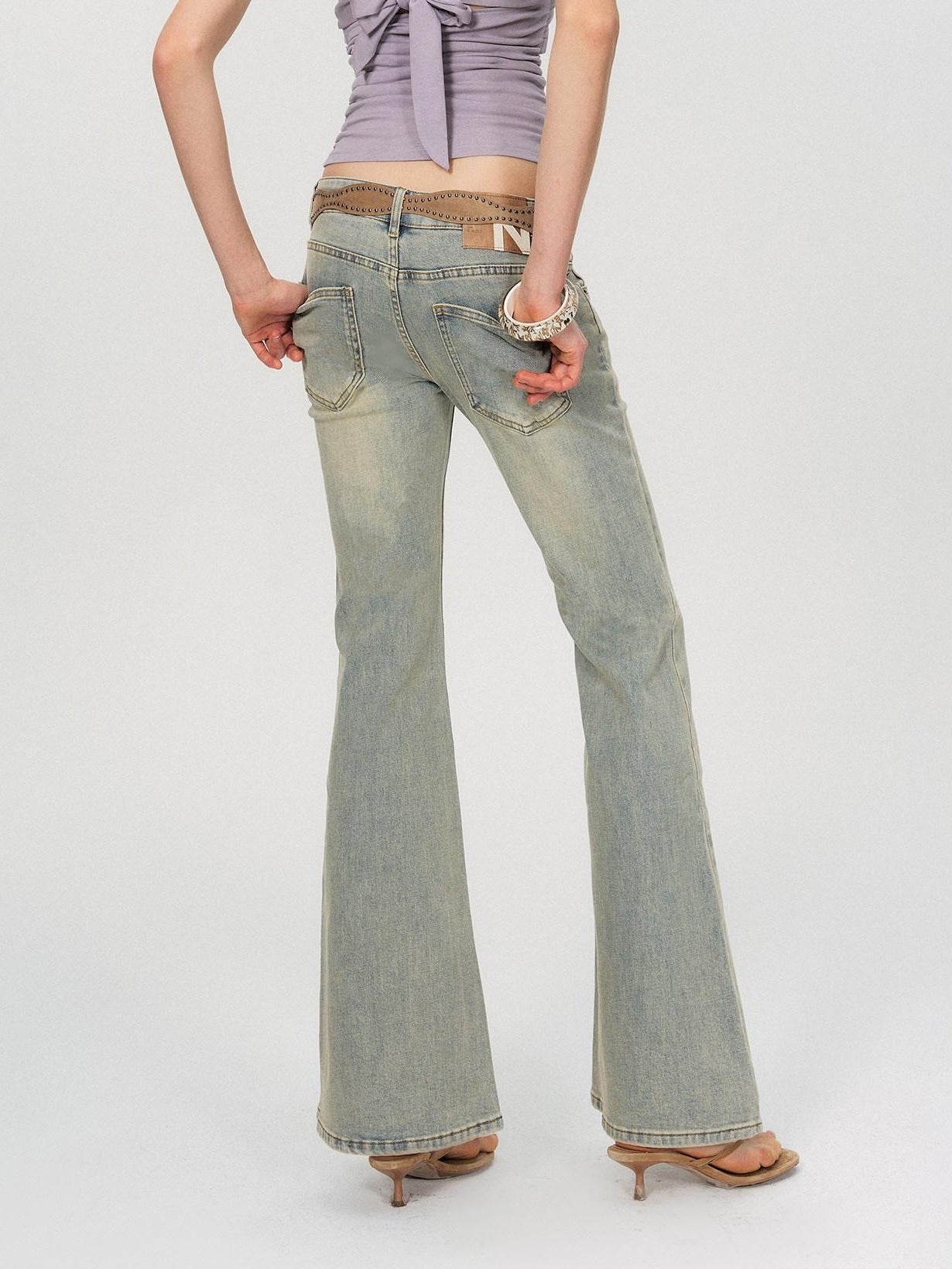 The NeverMore Washed Micro Flare Low Rise Micro Stretch Cotton Blue Green Straight Leg Jeans