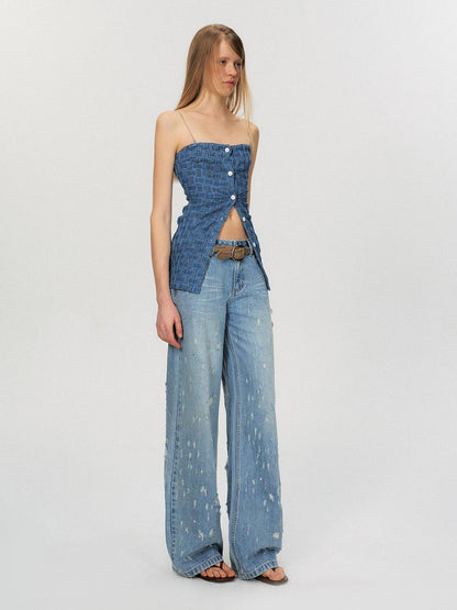The NeverMore Crystal Trim Relaxed Natural Waist Women Washed Blue Zipper Straight Leg Jeans
