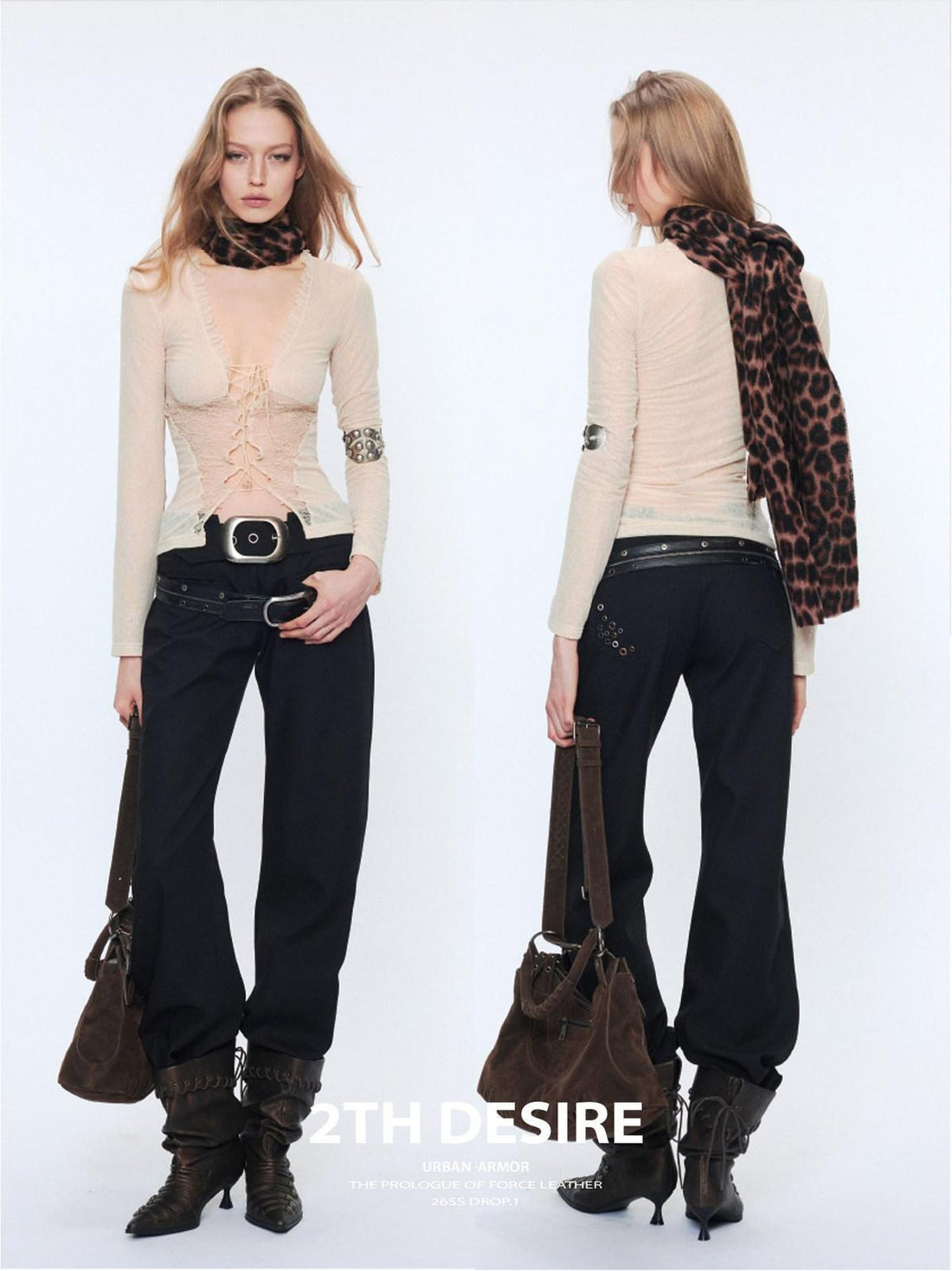 2th Desire Sheer Mesh Spliced Punk Slim Fit Women Long Sleeve Tie Front Blouses