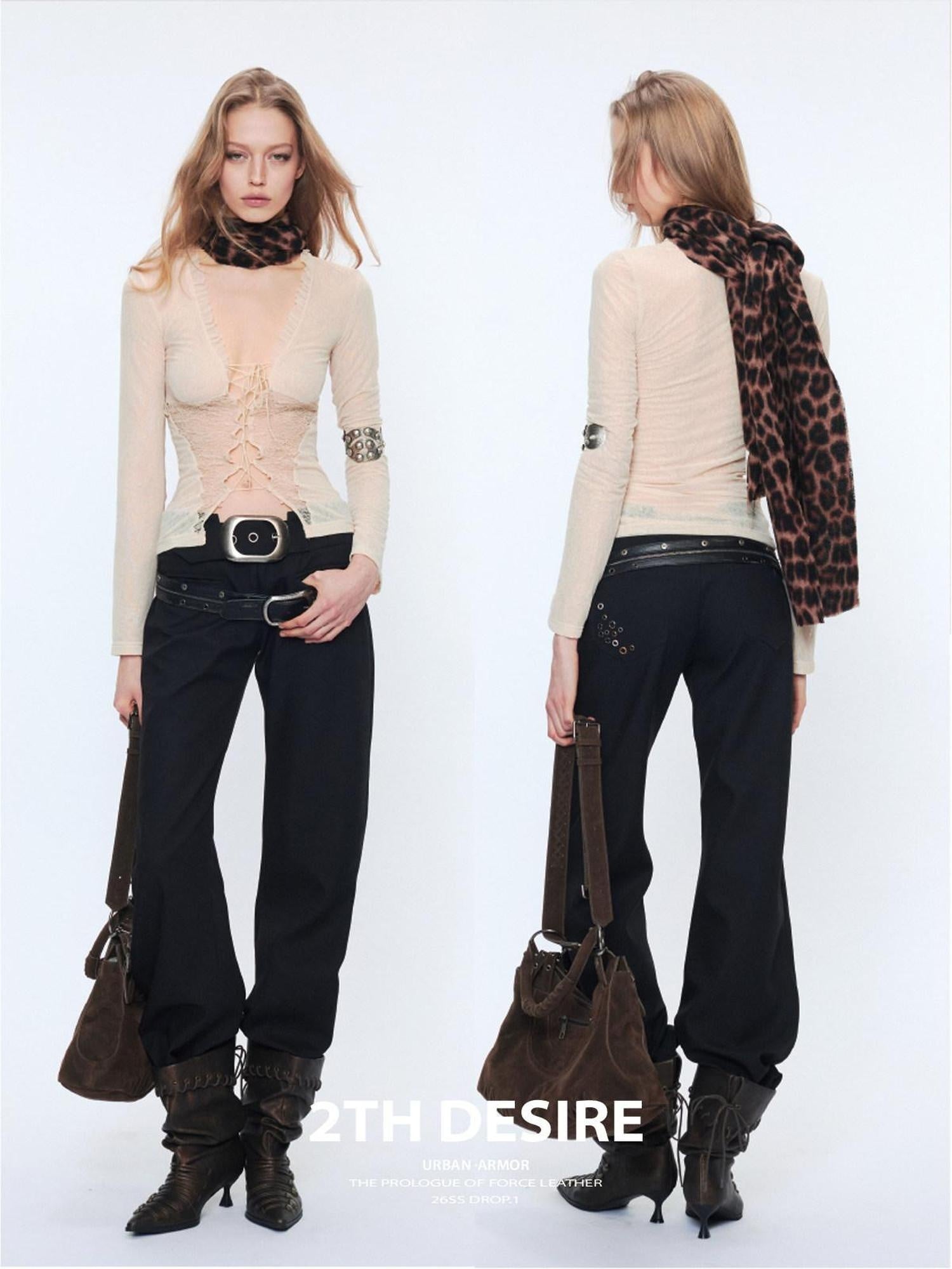 2th Desire Sheer Mesh Spliced Punk Slim Fit Women Long Sleeve Tie Front Blouses