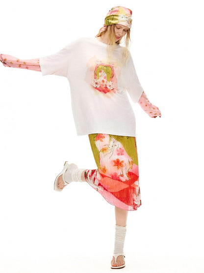 OuttheBlue Cat Garden Print Casual Loose Drop Shoulder Round Neck Long Sleeve T-Shirts