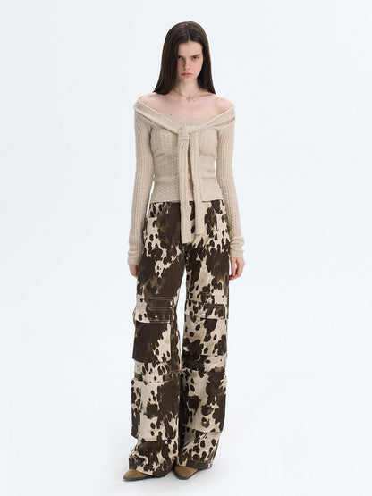 The NeverMore Khaki Wool Blend Slim Fit Layered Tie Detail Off Shoulder Pullover Sweaters