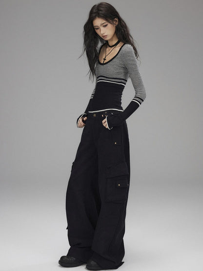 Low pixel Washed Low Rise Wide Leg Utility Loose Fit Womens Black Cargo Pants