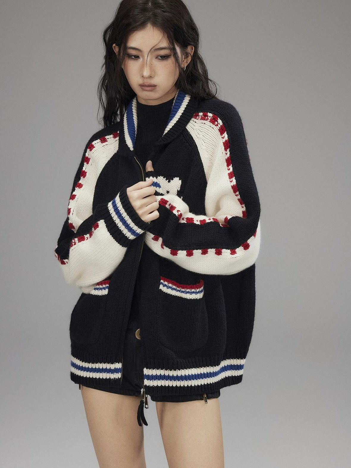 Low pixel Wool Blend Hooded Zip Colorblock Loose Casual Women Animal Print Cropped Jackets