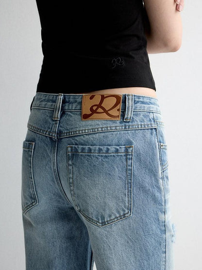 RUN TO THE FUTURE Ripped Low Rise Wide Leg Casual Loose Fit Vintage Ice Blue Denim Straight Jeans