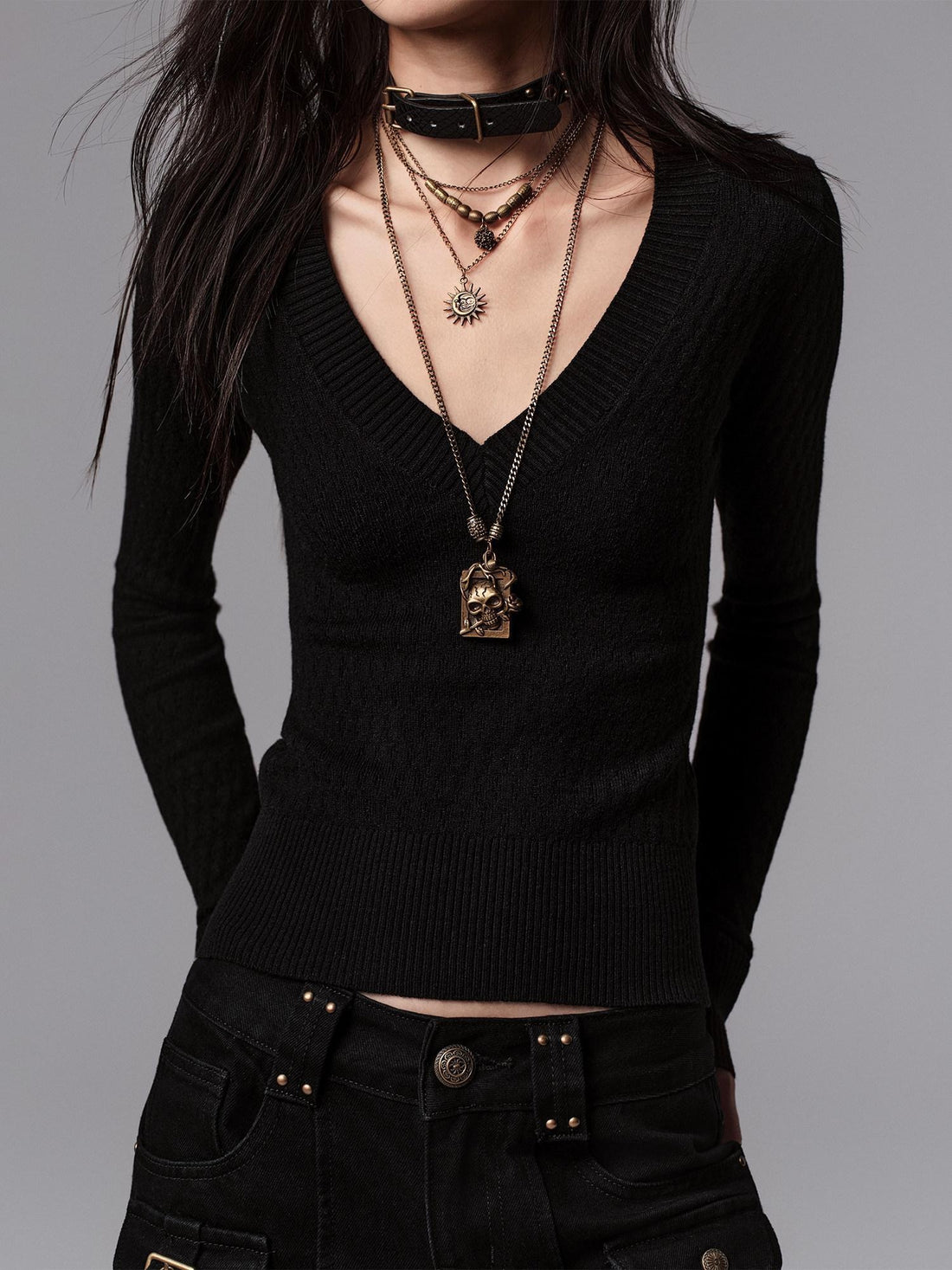 Low pixel Waist Cinched Gothic Slim V-neck Black Women Pullover Cropped Jackets