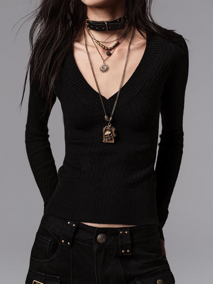 Low pixel Waist Cinched Gothic Slim V-neck Black Women Pullover Cropped Jackets