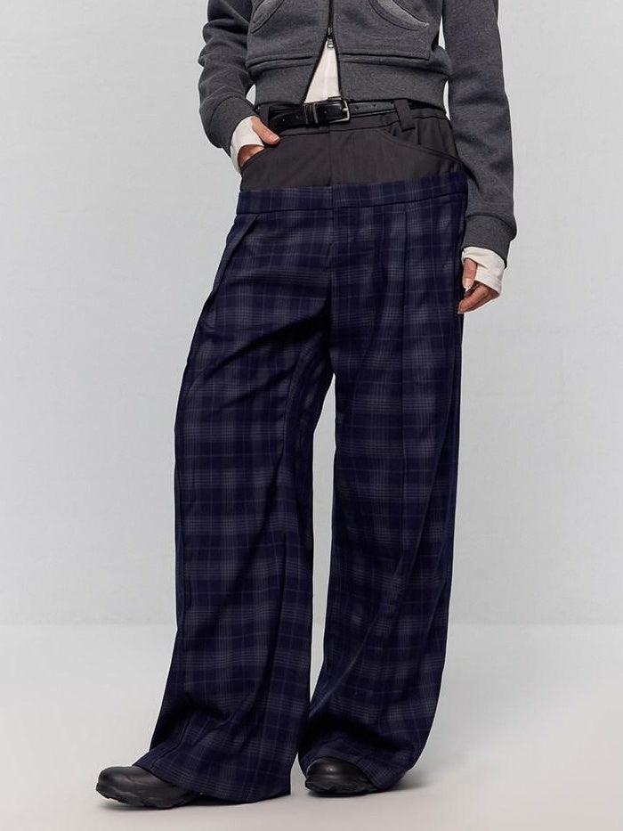 RUN TO THE FUTURE Original Double Waist Pockets Low Rise Wide Leg Women Blue Grey Plaid Chinos