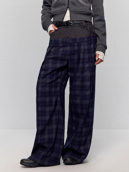 RUN TO THE FUTURE Original Double Waist Pockets Low Rise Wide Leg Women Blue Grey Plaid Chinos