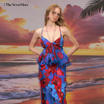 The_NeverMore_Chic_Floral_Two_Piece_Sexy_Spaghetti_Strap_Blue_Polyester_Women_Maxi_Dresses_MISSTT