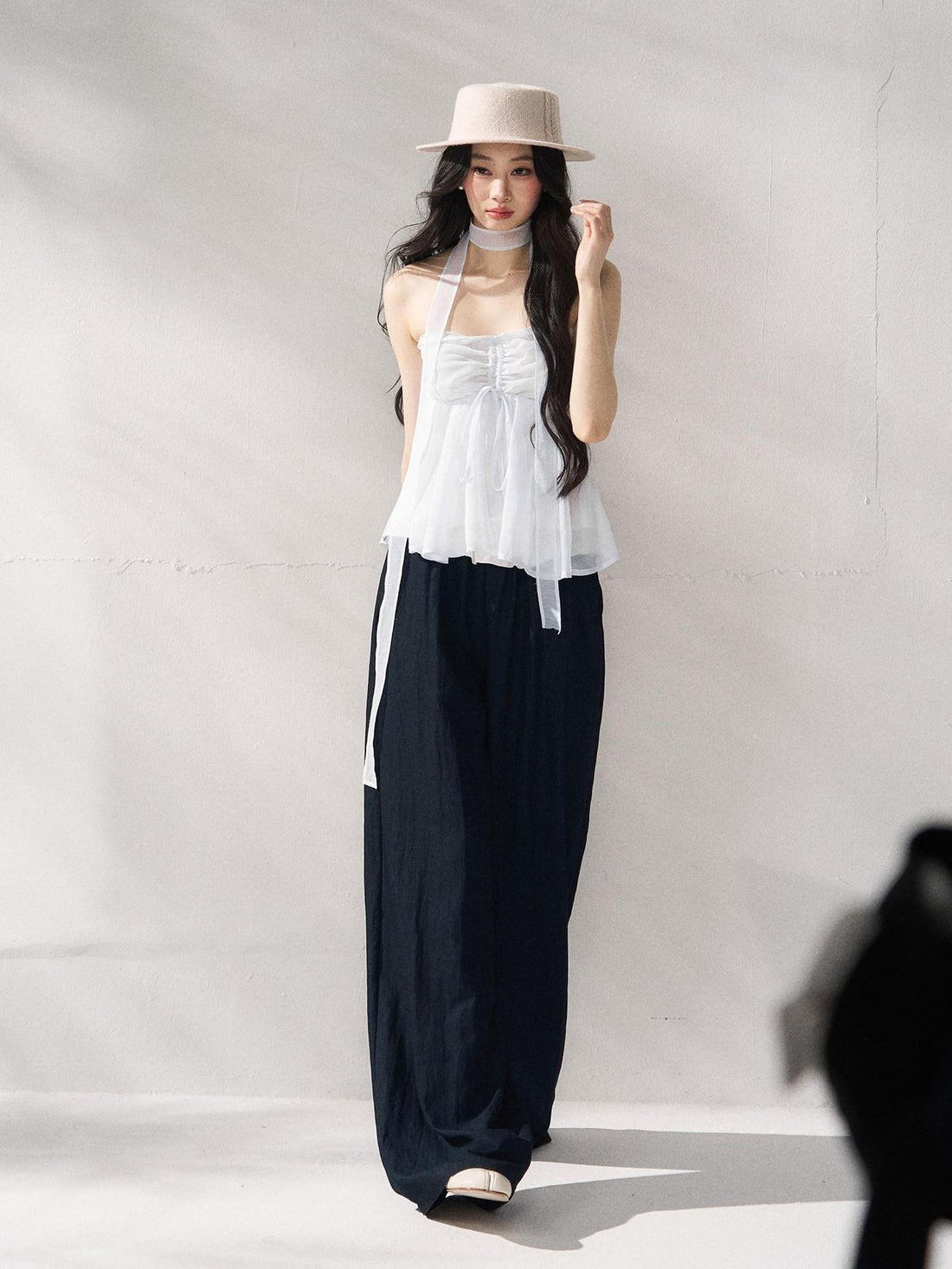 7Shiftin Nylon Cotton Blend Relaxed Natural Waist Women Solid Navy Wide Leg Pants