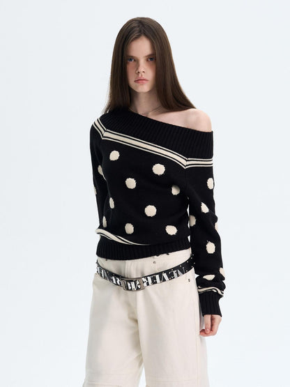 The NeverMore Cozy Thermal Acrylic Wool Polka Dot Boat Neck Relaxed Women Knit Sweaters