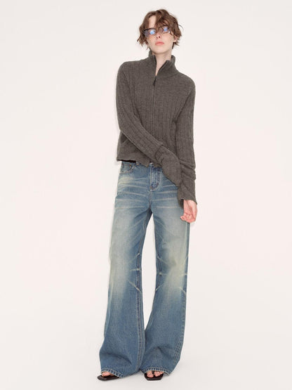 RUN TO THE FUTURE Acrylic Wool Blend Slim Zip High Neck Office Cropped Olive Cardigans