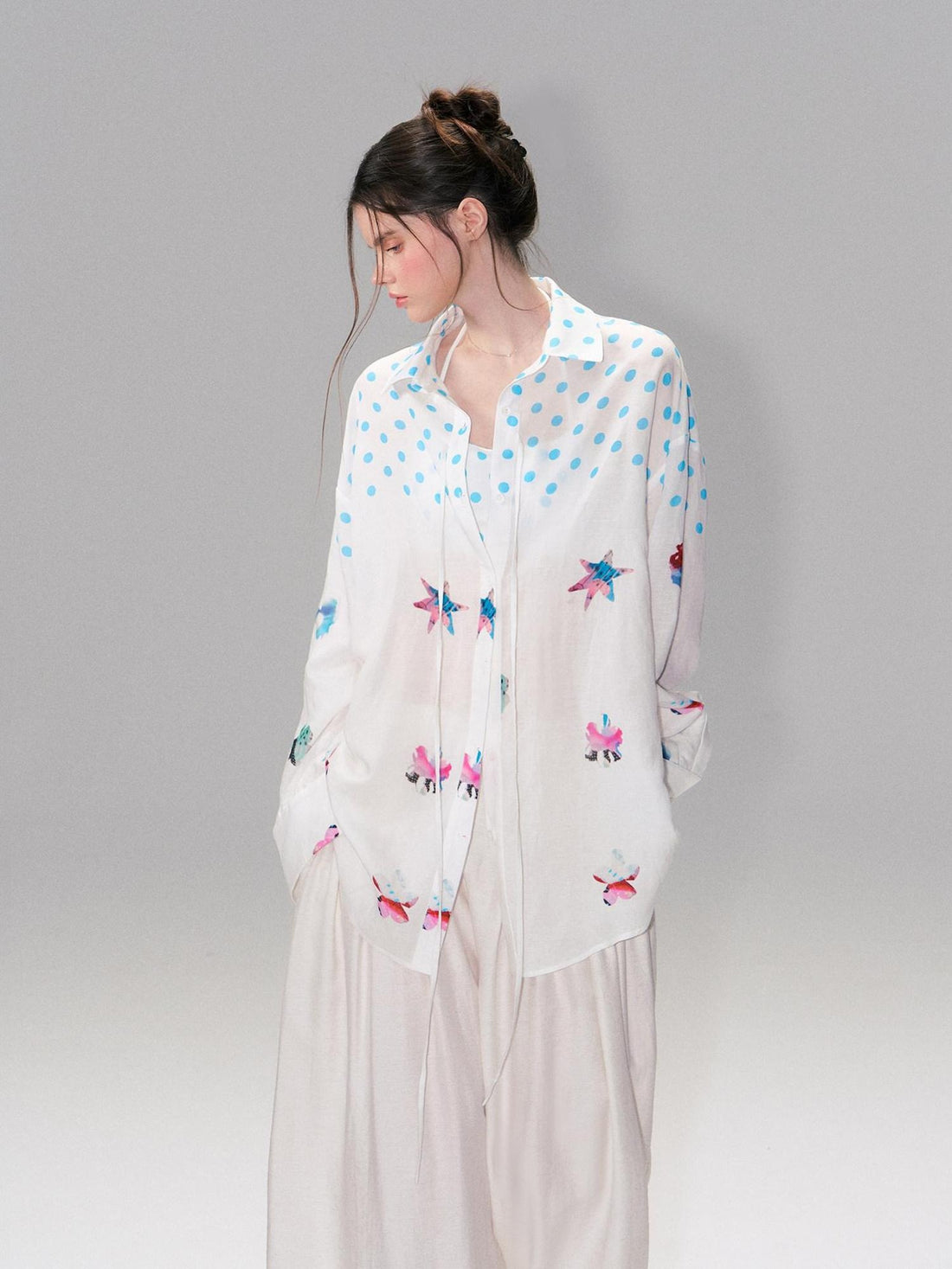 The NeverMore Soft Breathable Linen Blend Relaxed Drop Shoulder Polka Dot Long Sleeve Shirts