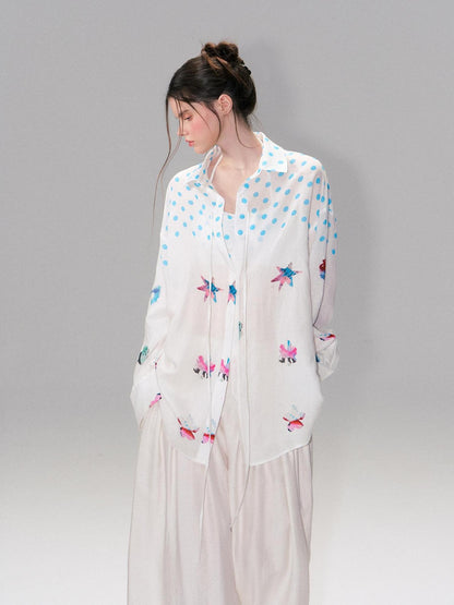 The NeverMore Soft Breathable Linen Blend Relaxed Drop Shoulder Polka Dot Long Sleeve Shirts